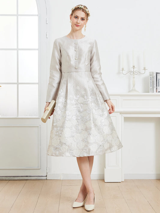 Luxury Embroidered Jacquard Dress with Round Neck Long Sleeves Waist-Fitting Flared Hem and Elegant Light Luxury Wedding Gown