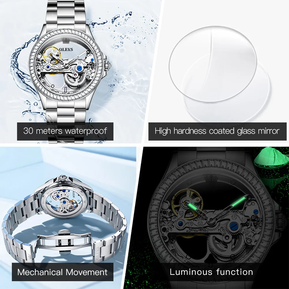 OLEVS 6699 Fully Hollowed Mechanical Watch for Women Luxury Elegant Diamond Bezel Ladies Wristwatch Top Automatic Women's Watch