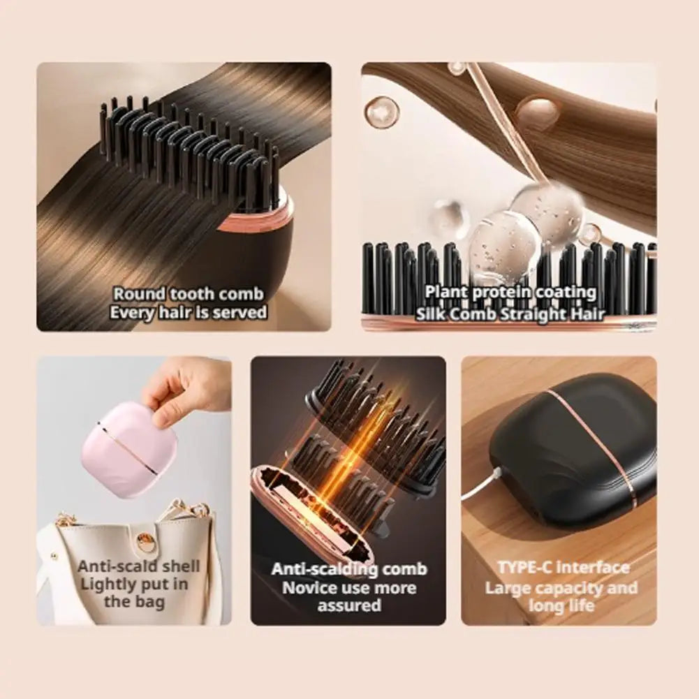 Mini Rechargeable Hair Straightener Brush: 3-Speed Temp Control, Anti-Scald Shell, Lightweight & Portable for Travel