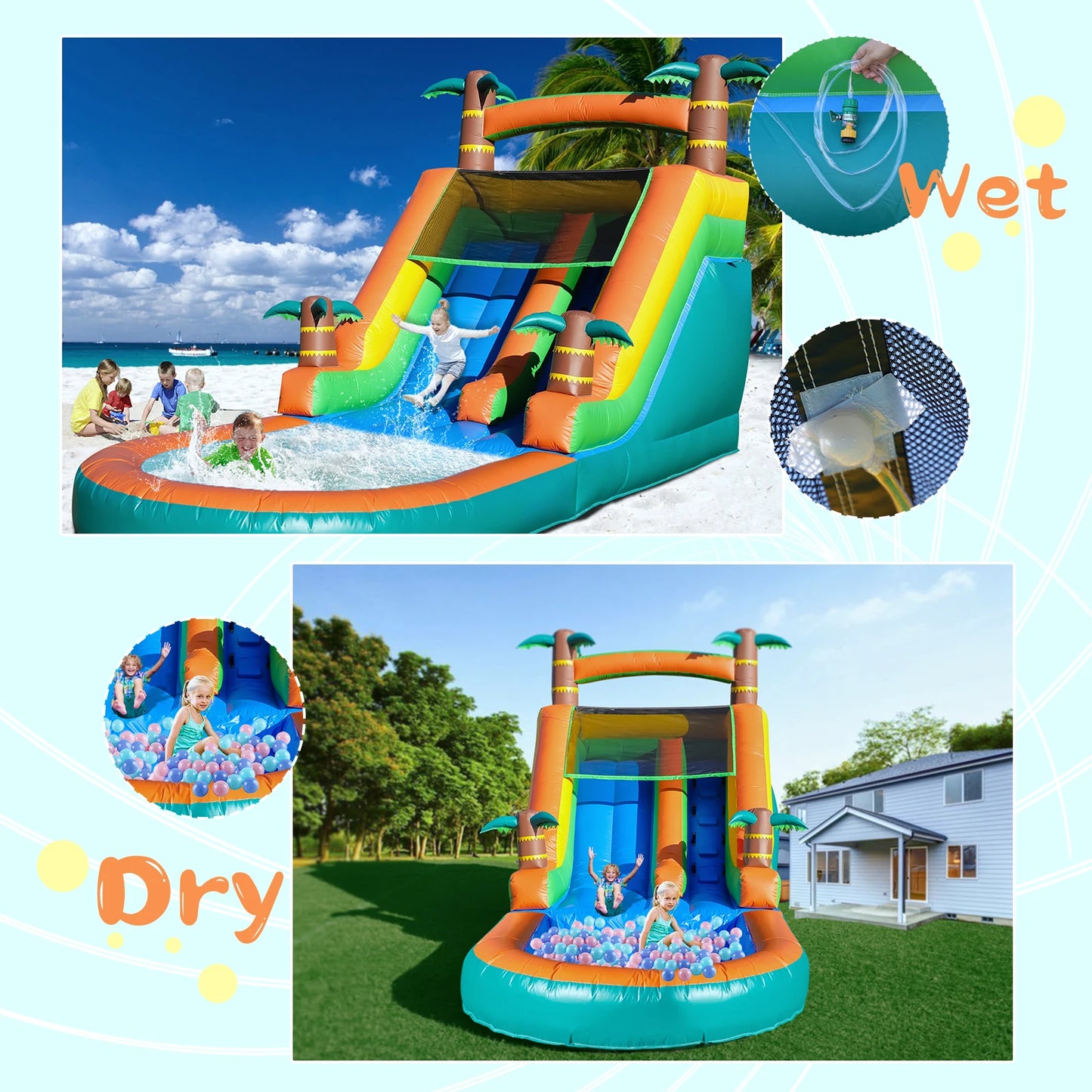 21FT Commercial Inflatable Bounce House Tropical Water Slide Pool 750w Blower Children's playground, children's toys
