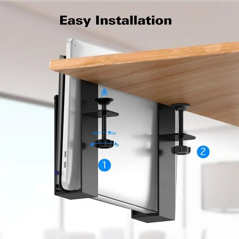 Desk Side Storage No Drill Laptop Desk Mount Clamp on Shelf Hangable Desk Organizer Laptop Holder for Home Office Files