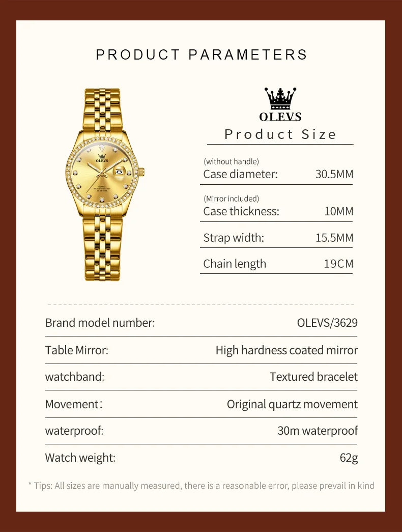 OLEVS 3629 Top Luxury Brand Women Watch Classic Business Calendar Waterproof Luminous Watch Elegant Diamond Women Quartz Watch