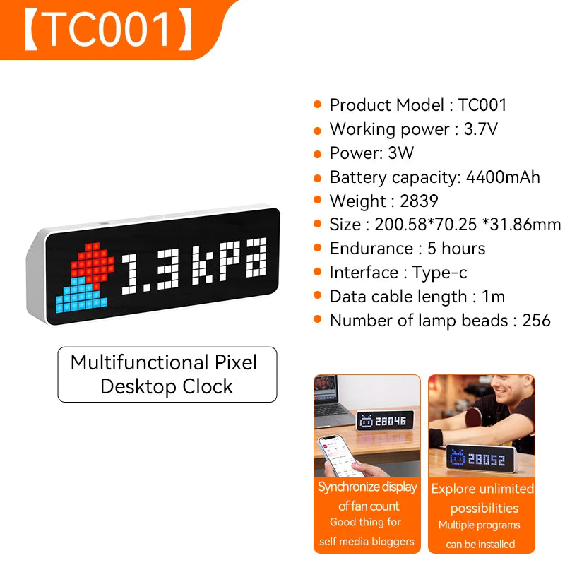 Ulanzi TC001 Smart Pixel Clock Youtube Followers Simultaneous Weather Forecast Function Pixelated Message Display