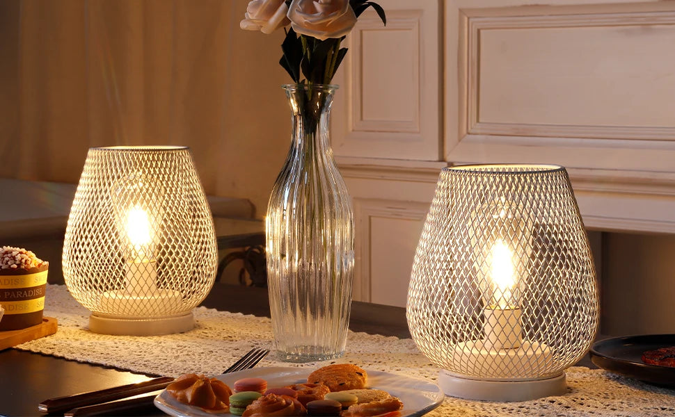 2Pcs White Metal Table Lamp Battery Operated Lamp Outdoor Lantern with LED Edison Bulb for Weddings Party Patio Event Home Decor