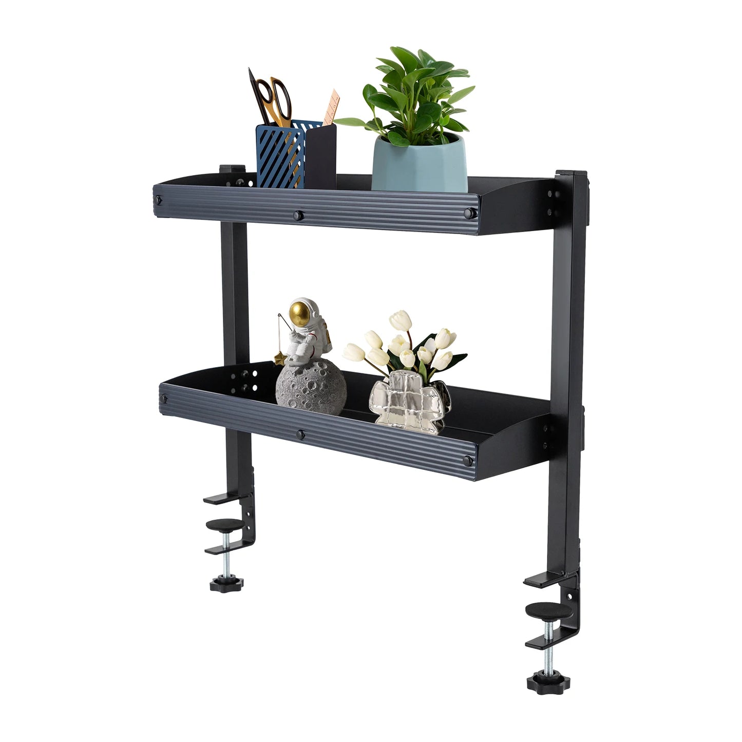 Adjustable 2-Tier Desk Shelf Clamp-On Storage Tray for Displaying Photos Decorations Clip-On Desk Organizer Shelf