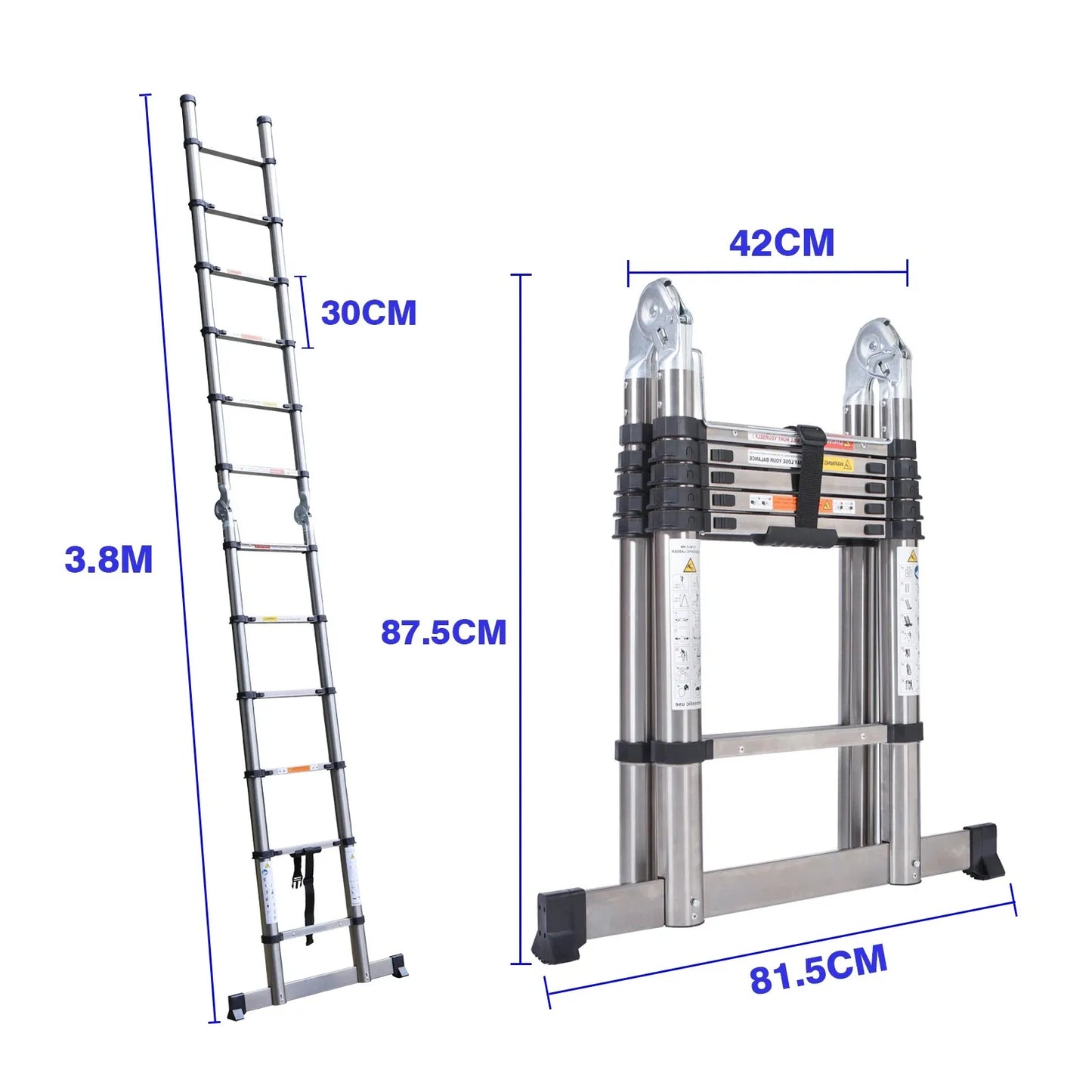 3.8M/5M Portable Folding Ladder ,Household  Telescopic A-Frame & Vertical Ladder , Aluminum & Stainless Steel, No Slip,150kg