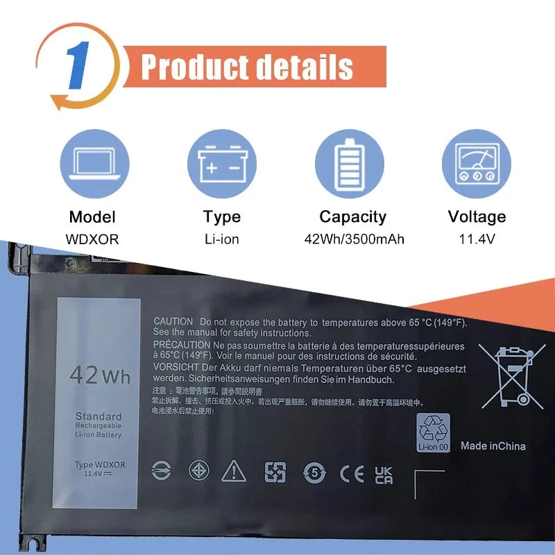 WDXOR WDX0R Laptop Battery for Dell Inspiron 13 15 5000 7000 5570 7579 7378  5565 5567 5378 5379 Latitude 3340 3400 3500 3190