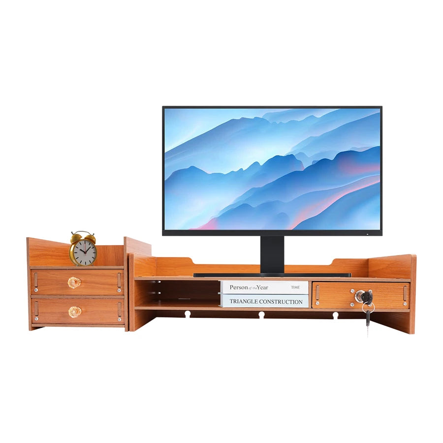 Computer Monitor Stand, Wooden Desk Organizer with Drawers Office Supplies Computer Desktop Tabletop