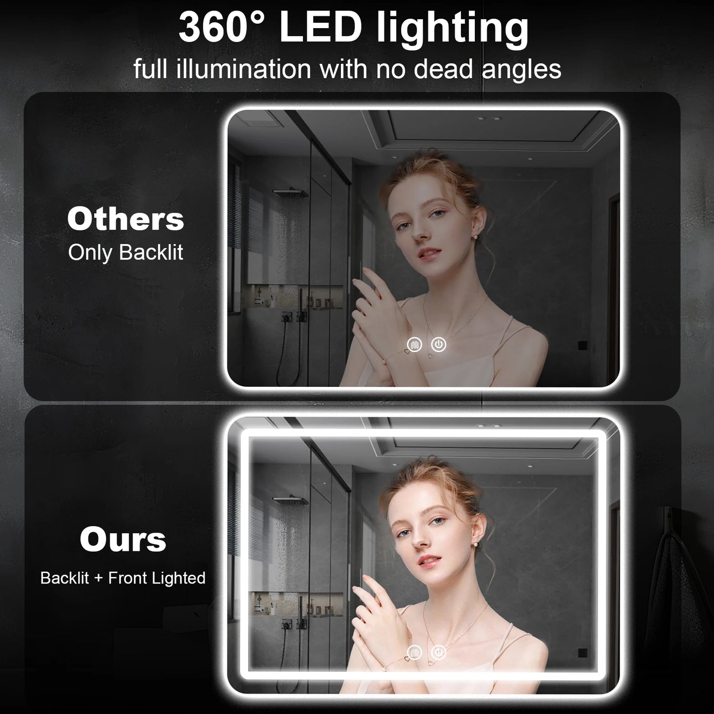 36x24 inch LED Bathroom Mirror Vanity Mirrors with Backlit Lights Fogless Makeup Mirror Wall Mounted with Demister