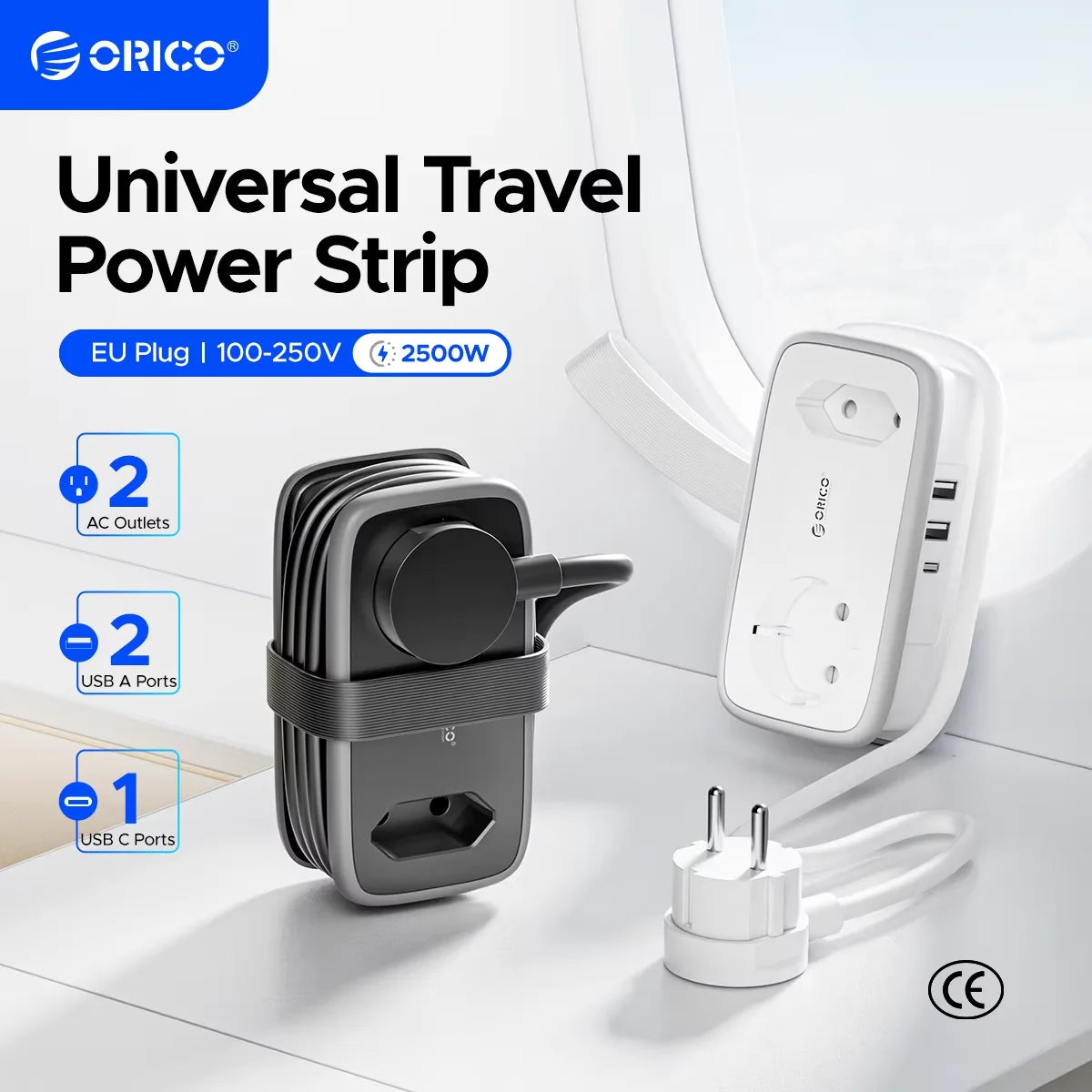 ORICO EU Plug Travel Power Strip with 2AC 3USB Port 1.1M Extension Cable 5-In-1 Charging Smart Socket for Home/Travel Save Space