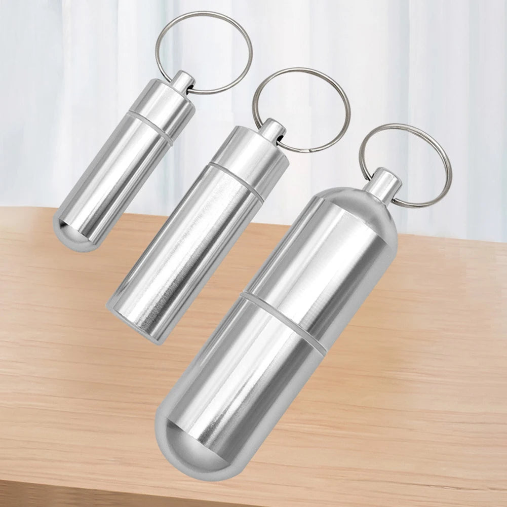 Keychain Pill Box Case Bottle Portable Waterproof Elderly First Aid Pill Case Aluminum Alloy for Outdoor Travel Camping