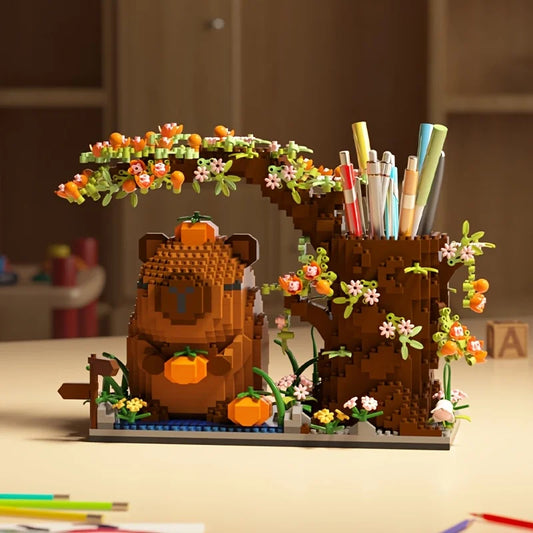 Capybara Building Block Pen Holder Panda Desk Organizer for Office Supplies Cosmetics Birthday Gift Desktop Decoration