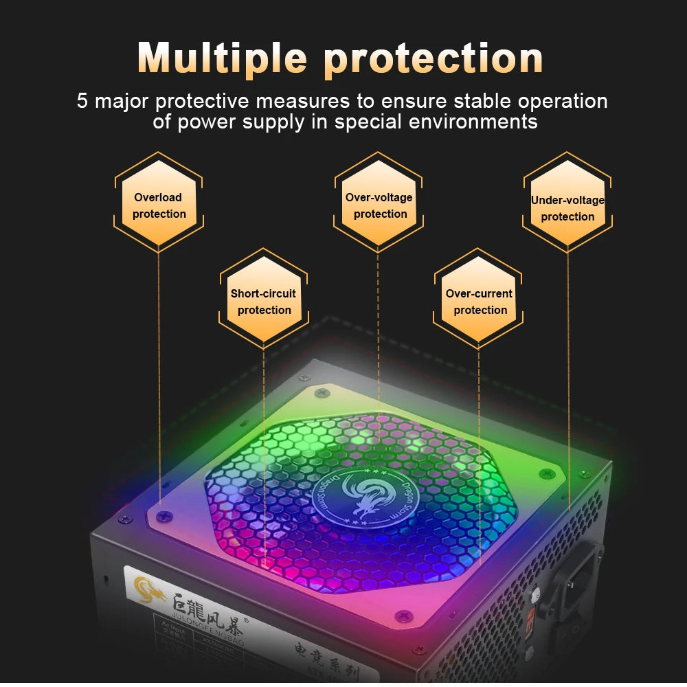 110/230V ATX 400W 600W RGB Colorful Silent Fan PSU 24Pin 12V Desktop E-Sports Video Game Computer Power Supply