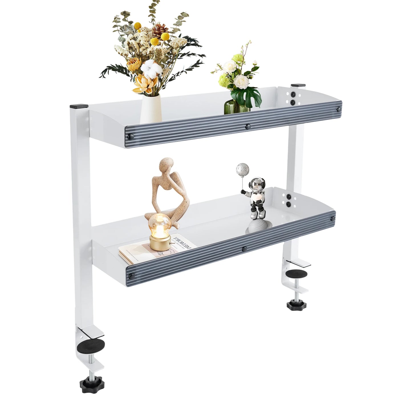 Adjustable 2-Tier Desk Shelf Clamp-On Storage Tray for Displaying Photos Decorations Clip-On Desk Organizer Shelf