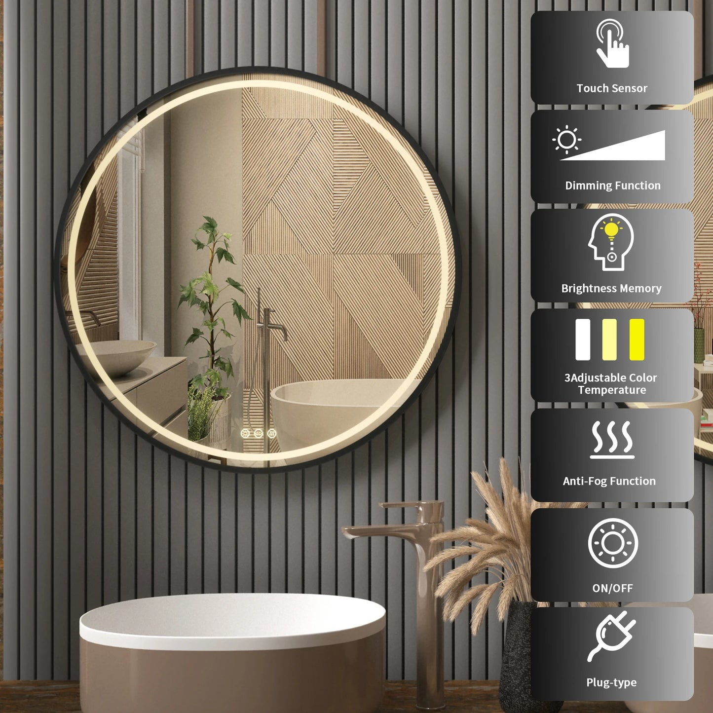 Frame Round Mirror,Round Bathroom Mirror with Light,Wall Mounted Lighted Vanity Mirror, Anti-Fog & Dimmable Touch Switch