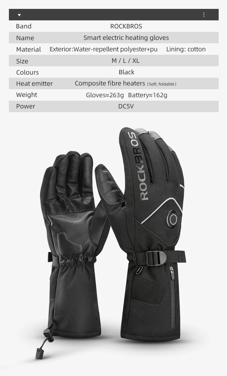 ROCKBROS Heated Skiing Gloves Men Women Winter Motocycle Screen Touch Waterproof Rechargeable 4000mAh Battery Heated Gloves