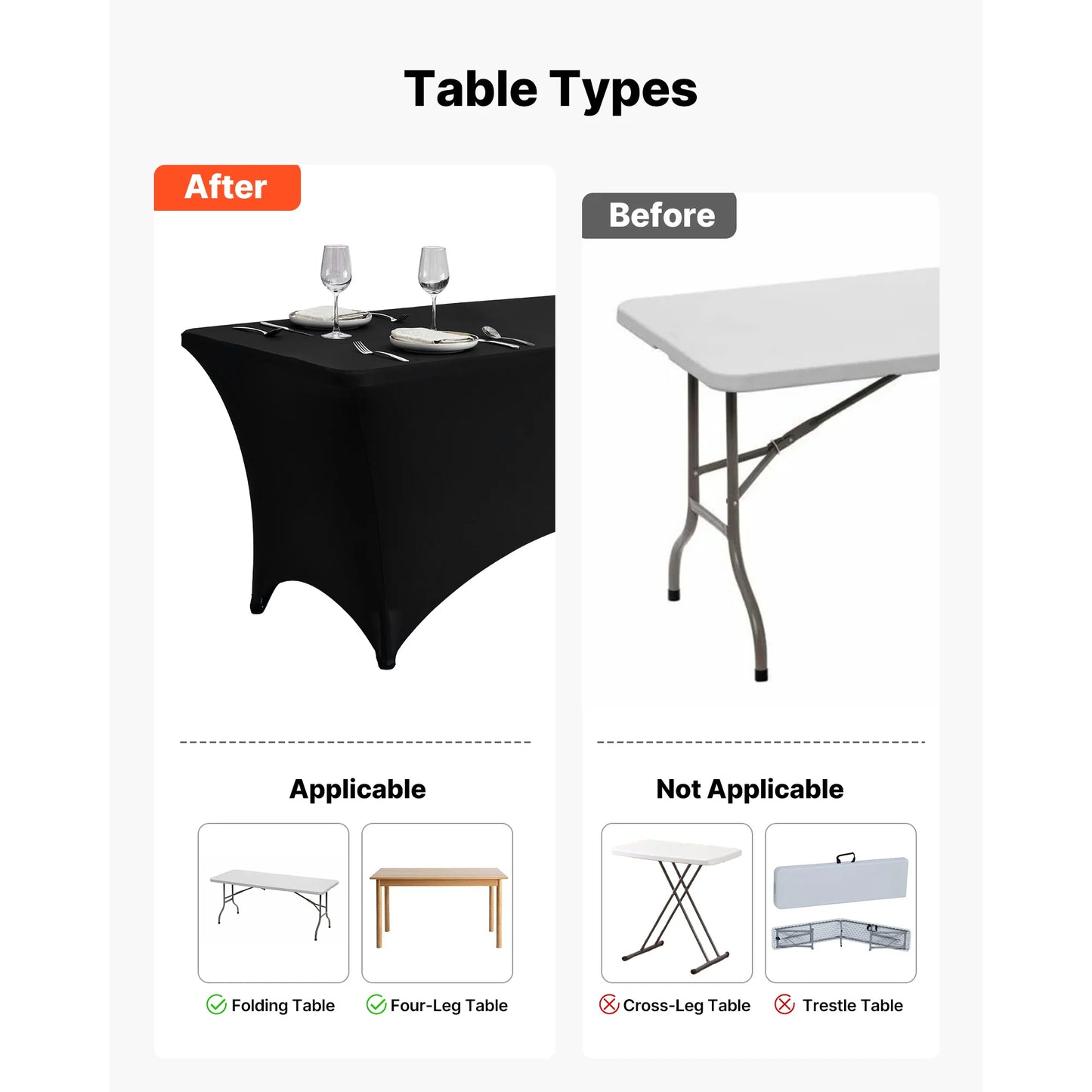 SucceBuy 3/6/10 Pack Table Cloth for Rectangular Fitted Events Wrinkle-Resistant Stretch Black Table Covers Washable Tablecloth