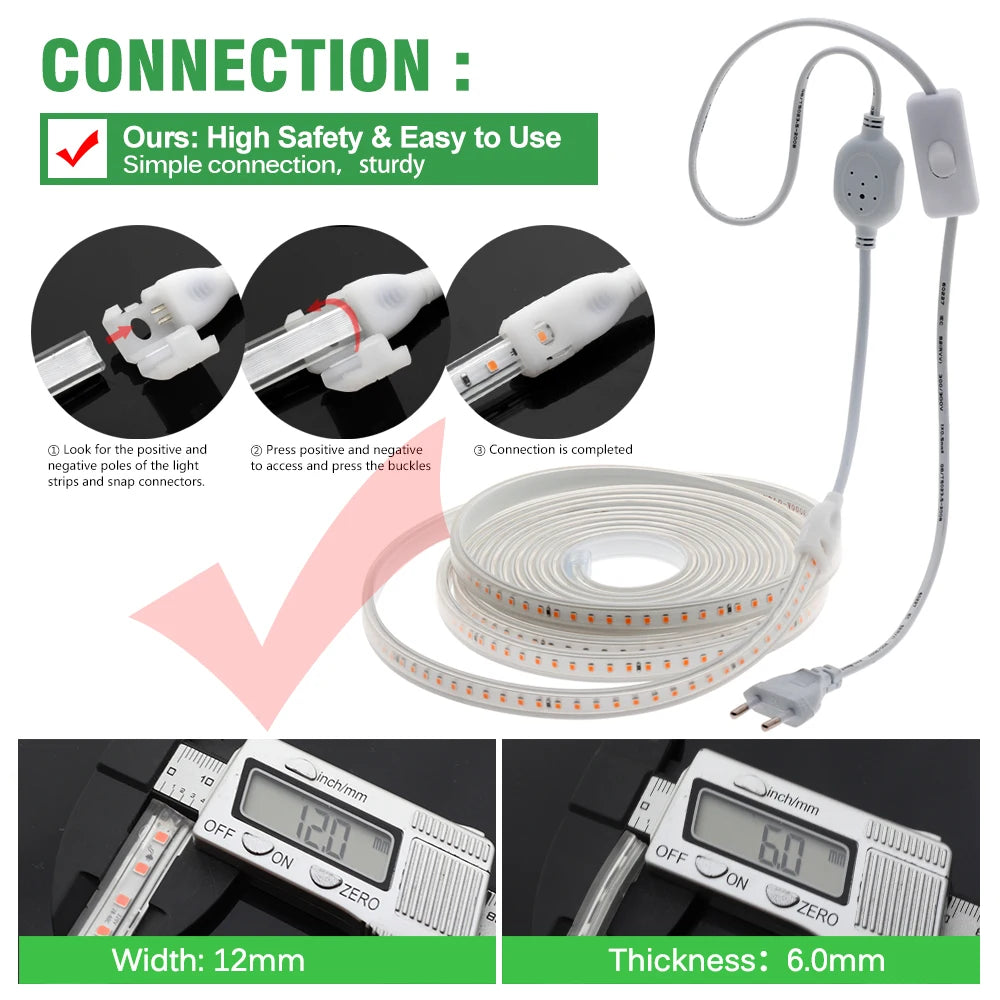 Grow Light Strips Full Spectrum 220V Phyto Lamp Waterproof LED Strips Plant Light for Flower Seedling Grow Tent Hydroponic 1-20m