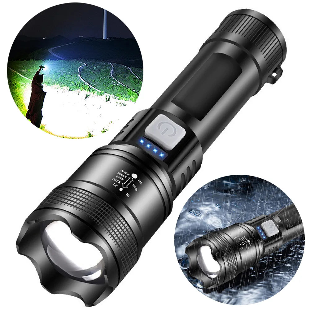 XHP50 Handheld LED Flashlight Power Display Powerful LED Flashlight 300LM Powerful Zoom Lamp Mobile Power Bank for Power Outages