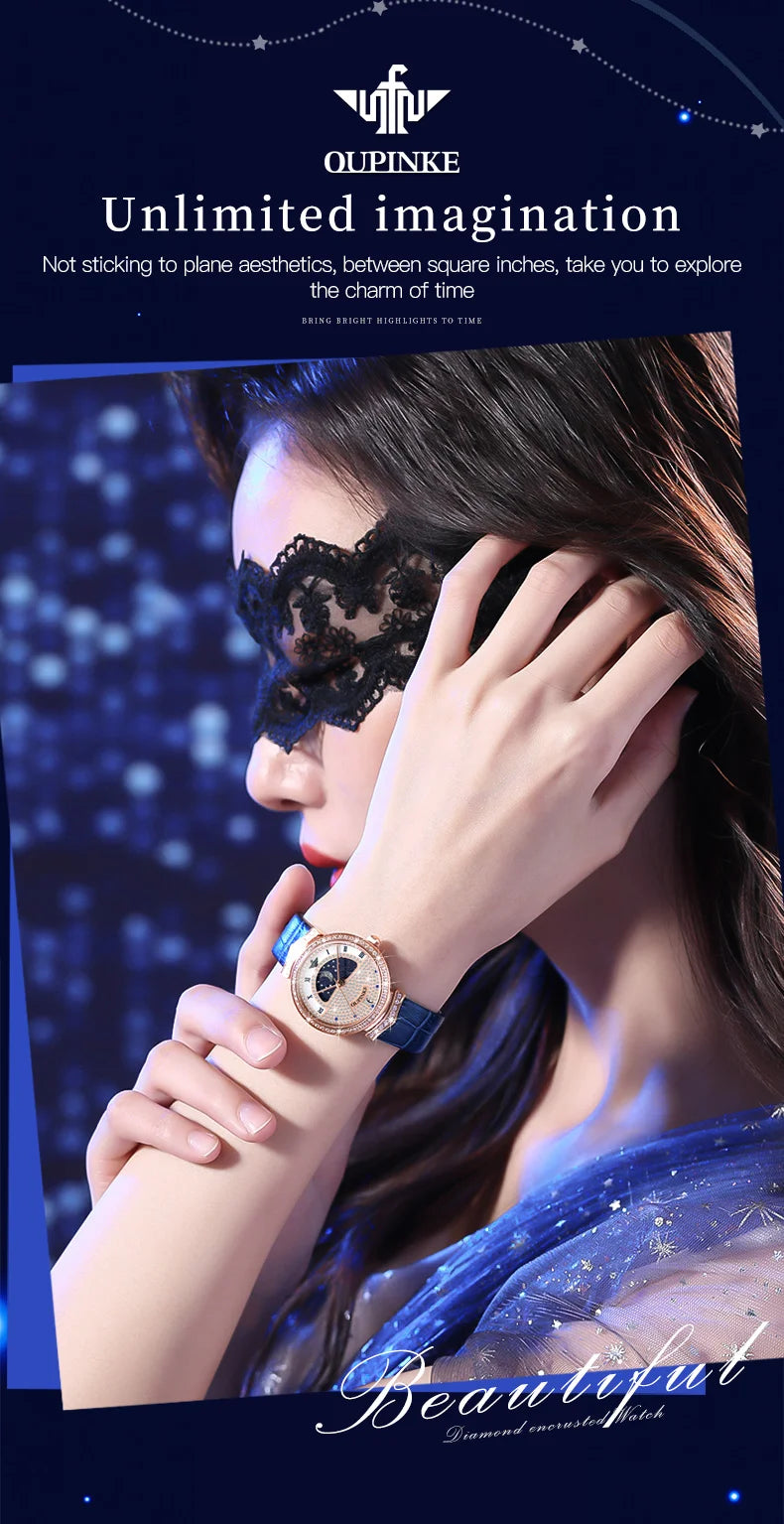 OUPINKE 3216 Woman Watch Waterproof Roman Scale Moon Phase Quartz Watch For Women Luxury Original Diamond Date Ladies Hand Clock