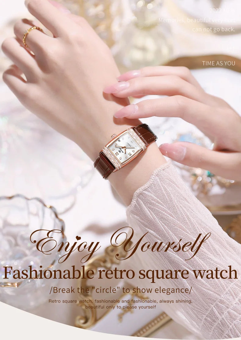 JSDUN Woman Watch Luxury Diamond Dial Comfortable Leather Watchband Fashion Square Rose Gold Quartz Wristwatches Montre Femme