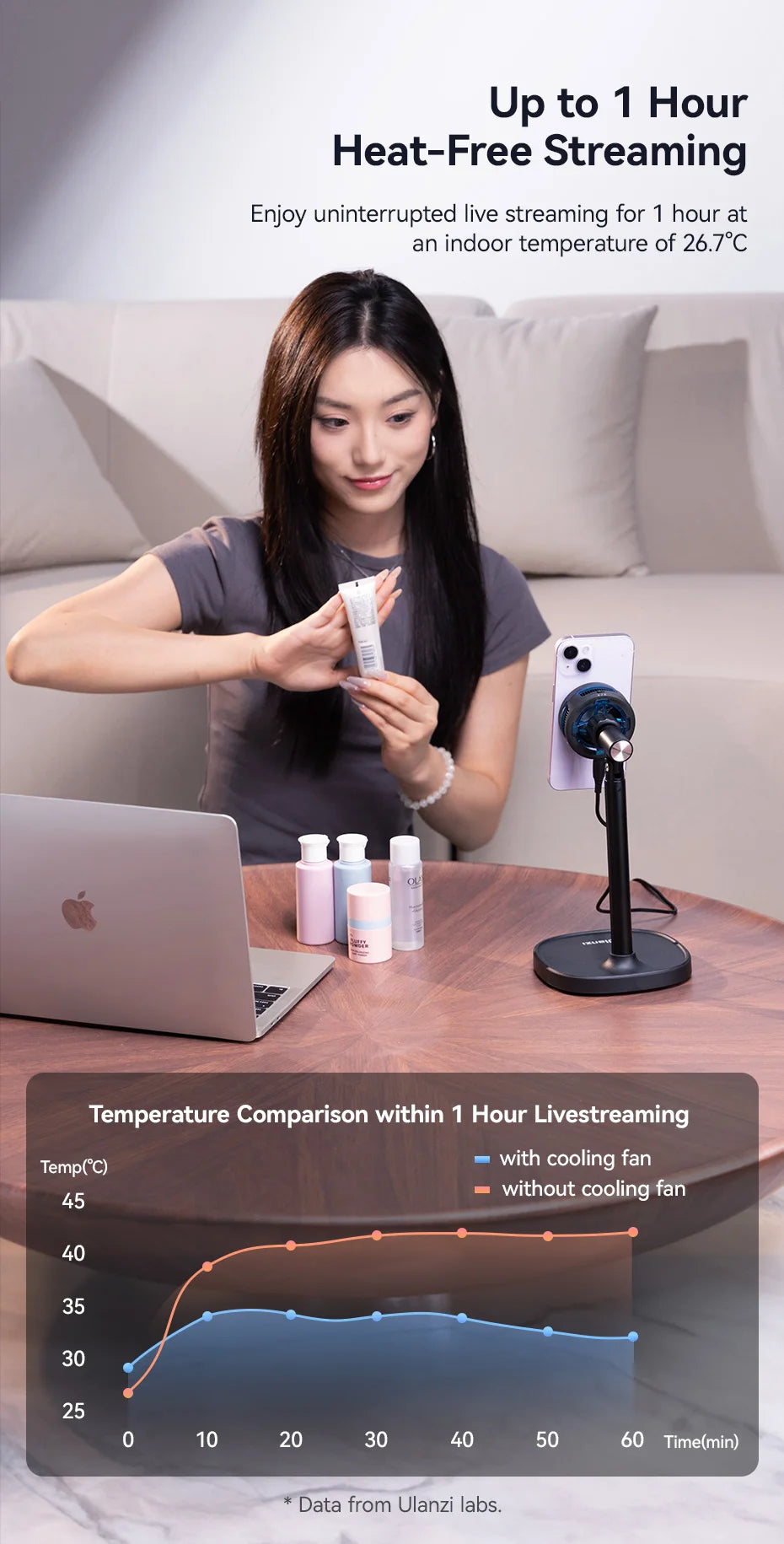 Ulanzi SK-10 3 in 1 Magnetic Cell Phone Stand with Cooling Fan and Wireless Charger for iPhone Height Adjustable Phone Desk Hold