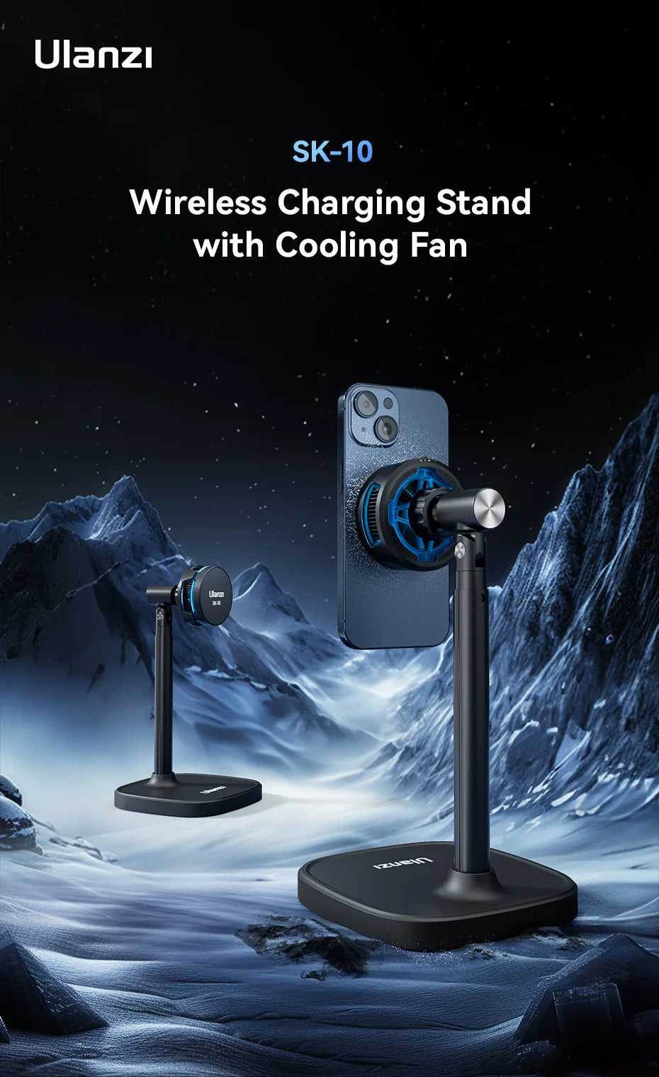Ulanzi SK-10 3 in 1 Magnetic Cell Phone Stand with Cooling Fan and Wireless Charger for iPhone Height Adjustable Phone Desk Hold