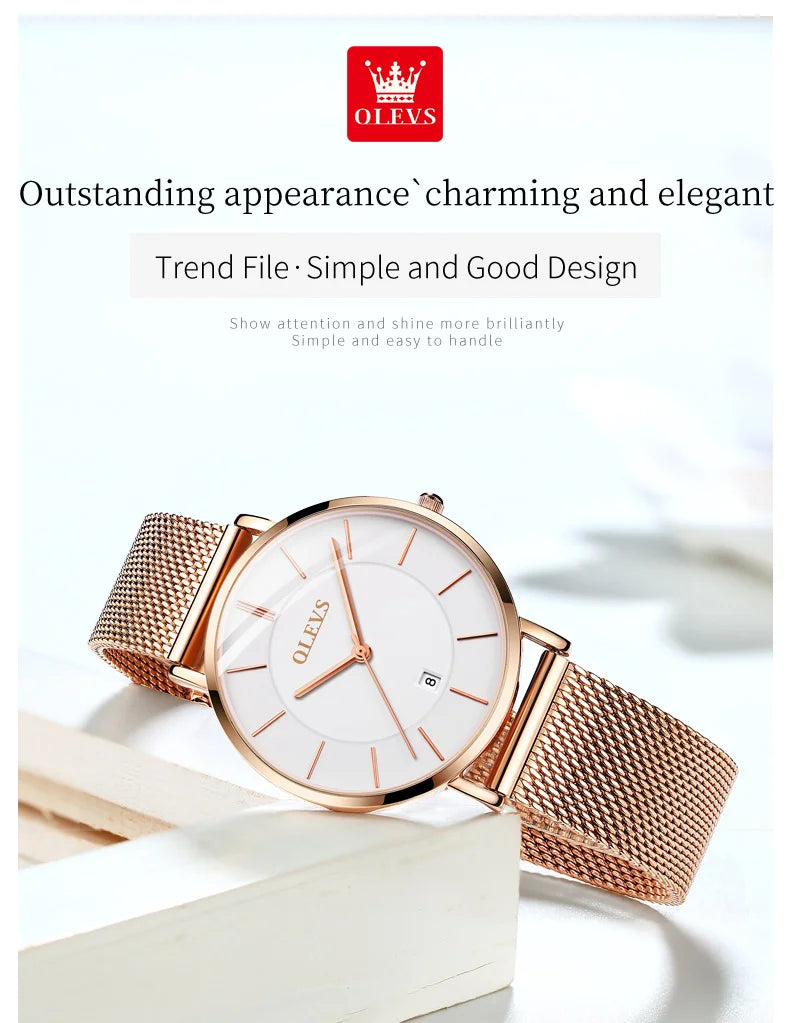OLEVS Watch Women Rose Gold Top Brand Luxury JAPAN Movement Quartz Ultra Thin Ladies Watch Calendar Date Necklace Watch Set