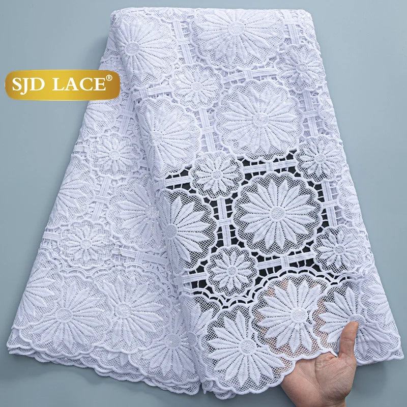 SJD LACE African Sequins Guipure Cord Lace Fabrics 5 Yards White 2026 New Nigerian Water Soluble Lace For Women Dresses Sew 4197