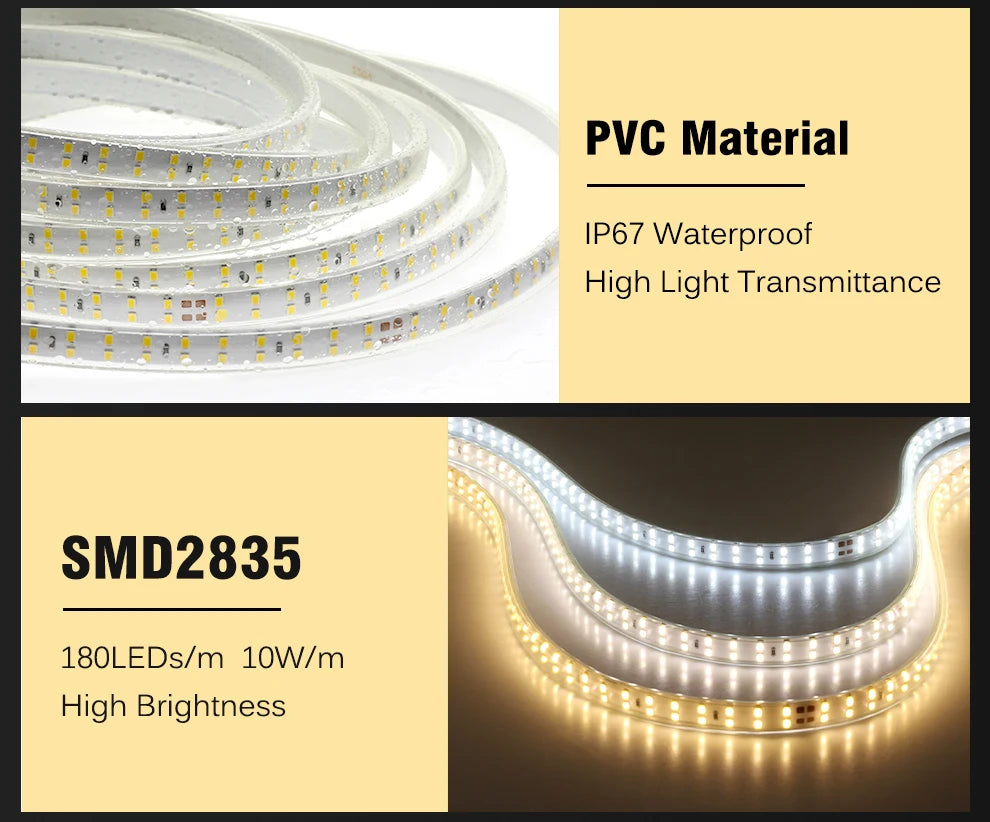 220V LED Strip 2835 High Safety High Brightness 180LEDs/m3000K 4000K 6000K Flexible LED Light Outdoor Waterproof LED Strip Light