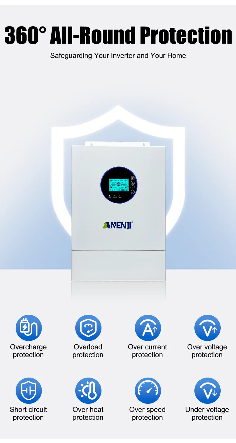 ANENJI Split Phase 12KW 48V Hybrid Solar Inverter 120V 220V Parallel Inverter Pure Sine On Grid MPPT 200A Solar Charger PV 500V