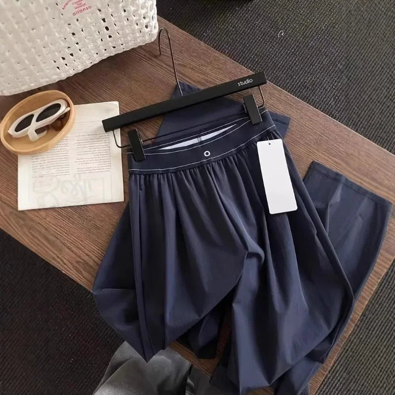 New Elastic High Waist Casual Sports Pants Solid Color American Style Pants 2025 Fashion High Street Summer Straight Trousers