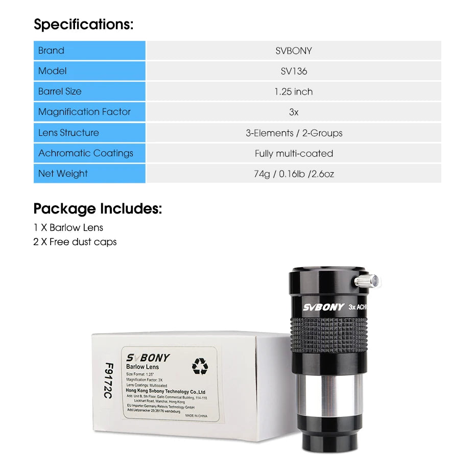 SVBONY 1.25" Telescope Eyepiece Barlow Lens 3x Fully Multi-Coated Advanced Achromatic SV136