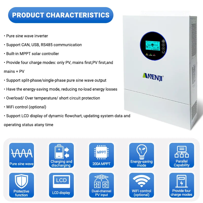 ANENJI Split Phase 12KW 48V Hybrid Solar Inverter 120V 220V Parallel Inverter Pure Sine On Grid MPPT 200A Solar Charger PV 500V