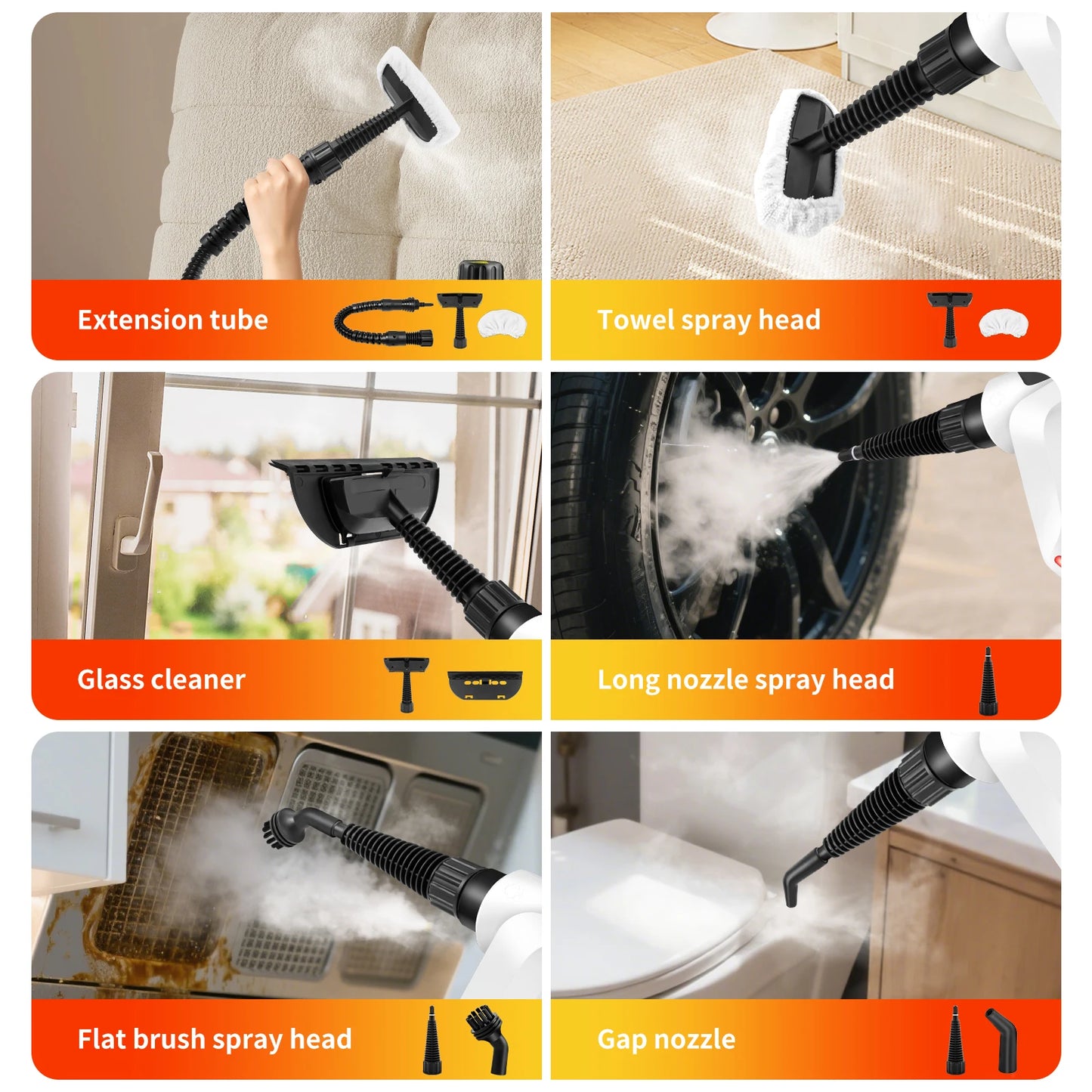 1000W High Pressure Steam Cleaner with 2.5m Power Cord, 7 Accessory Kit for Multi-Surface Stain Removal of Tile Window Carpets