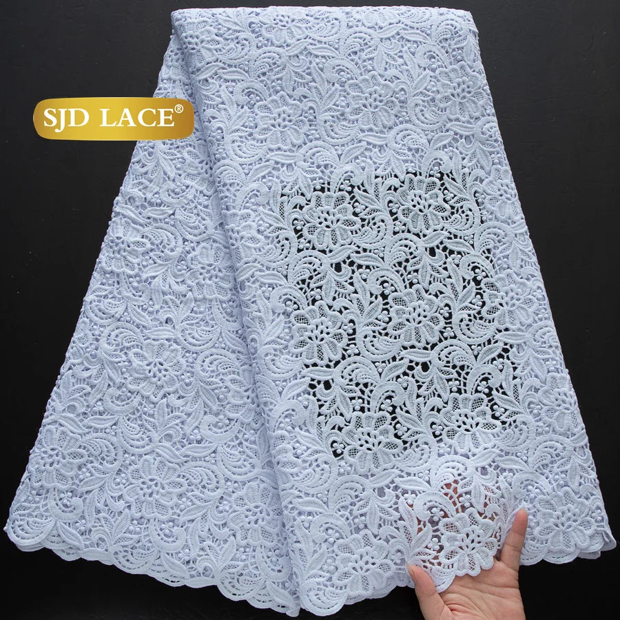 SJD LACE African Sequins Guipure Cord Lace Fabrics 5 Yards White 2026 New Nigerian Water Soluble Lace For Women Dresses Sew 4197