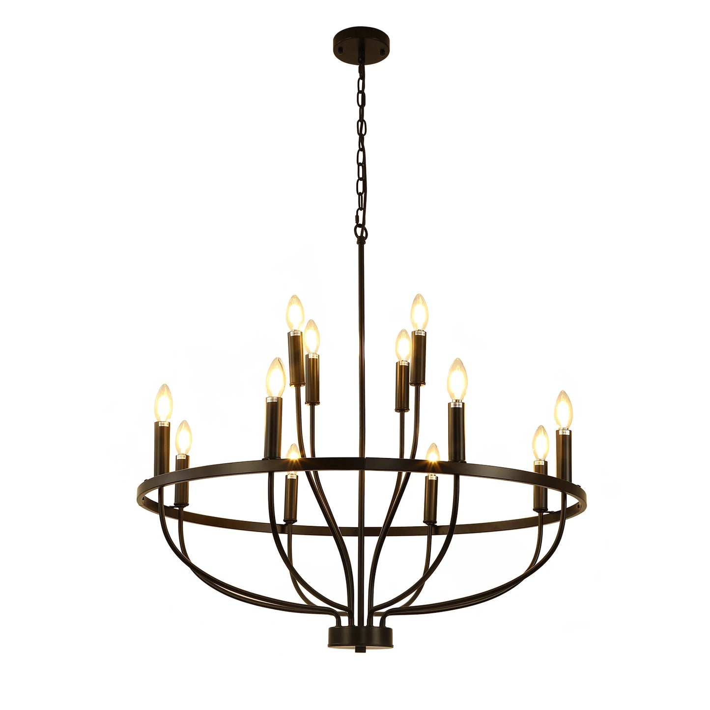 12-Light Black Chandelier Diam 33.46 Inch, Farmhouse Industrial Country Style Large Round Pendant Light Fixture for Dining Room