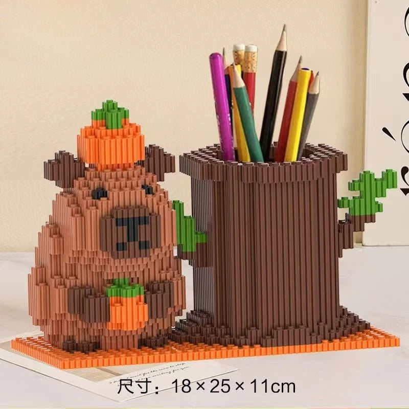 Capybara Building Block Pen Holder Panda Desk Organizer for Office Supplies Cosmetics Birthday Gift Desktop Decoration