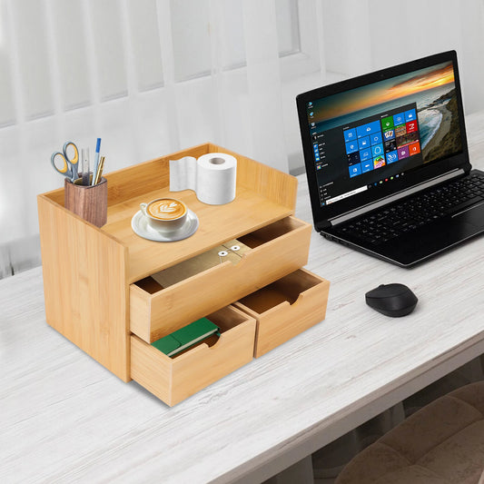 Bamboo Desk Organizer, with 3 Drawers, Tabletop Cosmetic Storage Desk Organizer, Simple Design, Home Office NEW