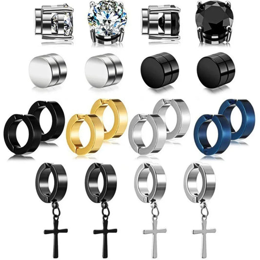 2pcs Punk Mens Strong Magnet Magnetic Ear Stud Set,Non Piercing Cross Clip-on Earrings Suitable Gifting Boyfriend Lover Jewelry
