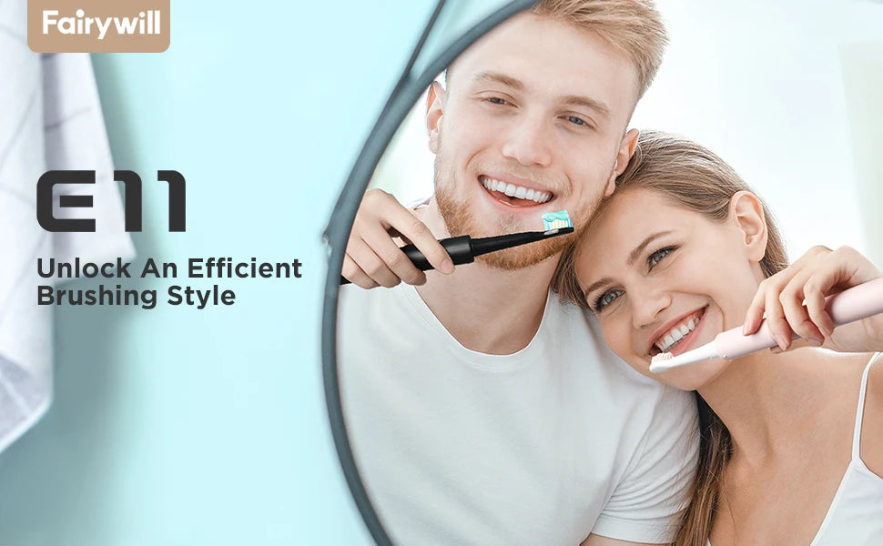 Fairywill Sonic Electric Toothbrush E11 Waterproof USB Charge With 8 Brush Replacement Heads Black and Pink Set for Couple