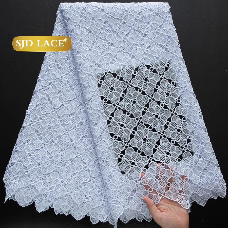 SJD LACE African Sequins Guipure Cord Lace Fabrics 5 Yards White 2026 New Nigerian Water Soluble Lace For Women Dresses Sew 4197