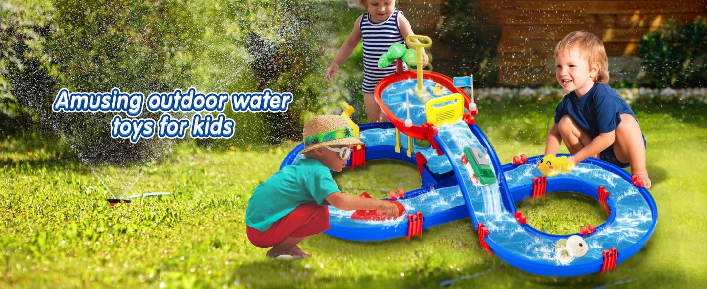 VATOS Summer Outdoor Kids Water Table 2-Tier Toddlers Water Table Playset Pool Waterway Toy with Pump Outside Activity Kids Fun