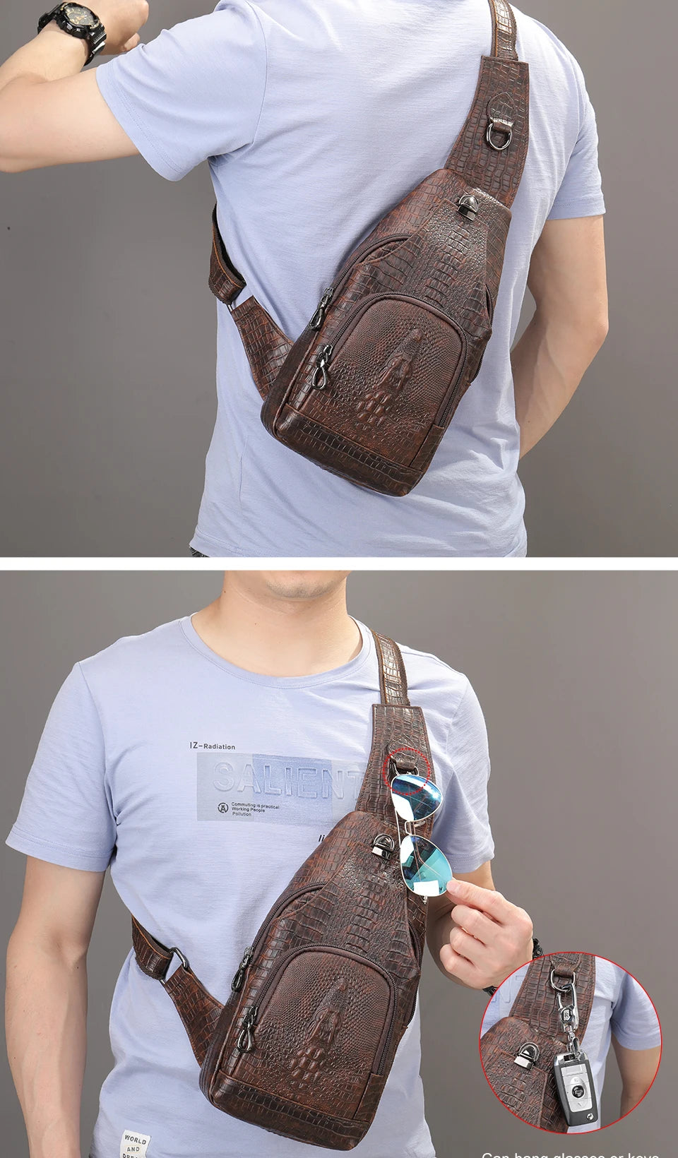 WESTAL Genuine Leather Sling Bag Anti-Thief Crossbody Personal Pocket Bag Chest Shoulder Bag for Travel Hiking Croco Design Bags