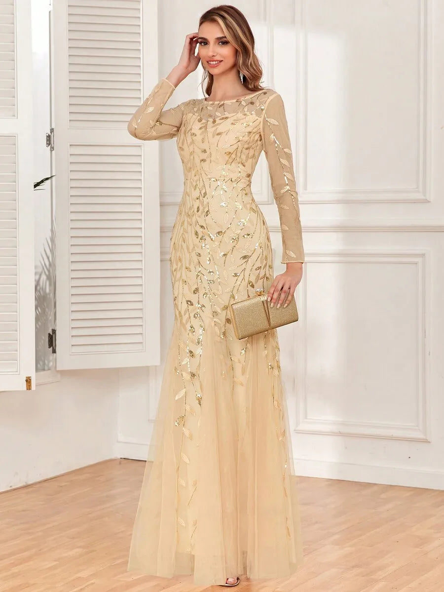 Elegant Gold Sequin Embroidered Mesh Mermaid Evening Dress for Prom Wedding Guest