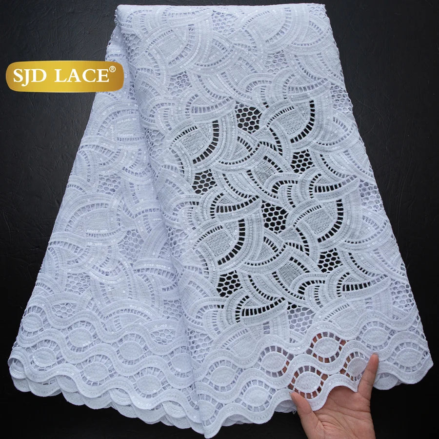 SJD LACE African Sequins Guipure Cord Lace Fabrics 5 Yards White 2026 New Nigerian Water Soluble Lace For Women Dresses Sew 4197