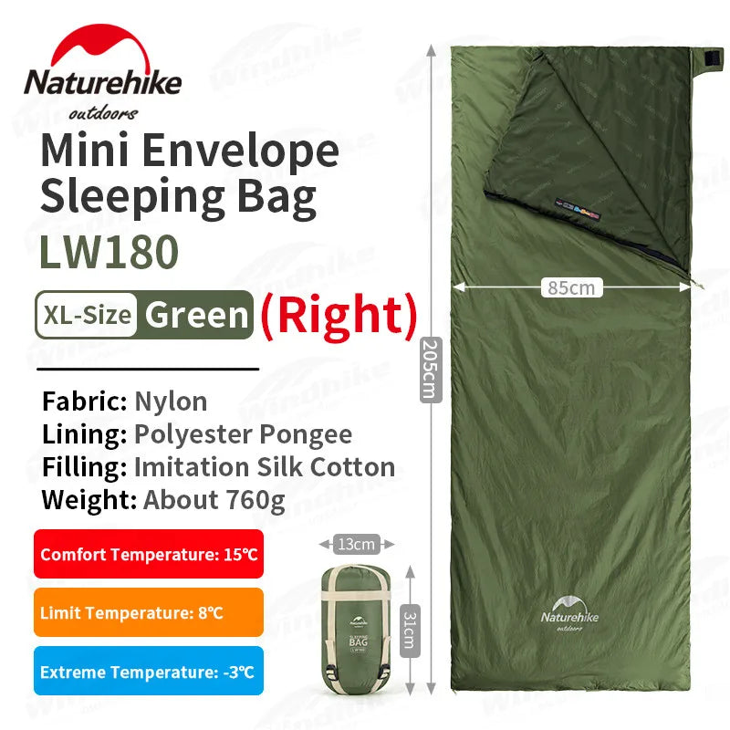 Naturehike LW180 Camping Sleeping Bag Ultralight Spring Summer Cotton Sleeping Bag for Single Couple Tourist Hiking Waterproof