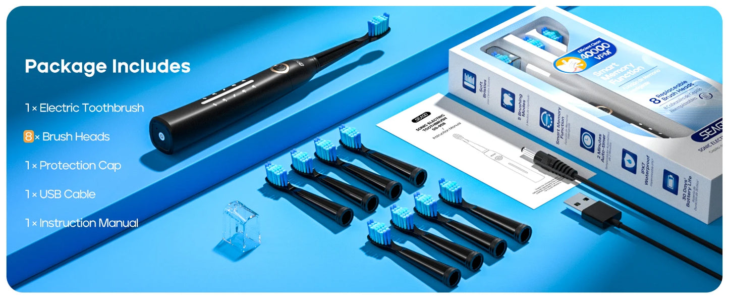 Seago Fast Rechargeable Electric Toothbrush  Smart Automatic with 8 Replacement Brush Heads Adult Waterproof 5 Modes SG-958