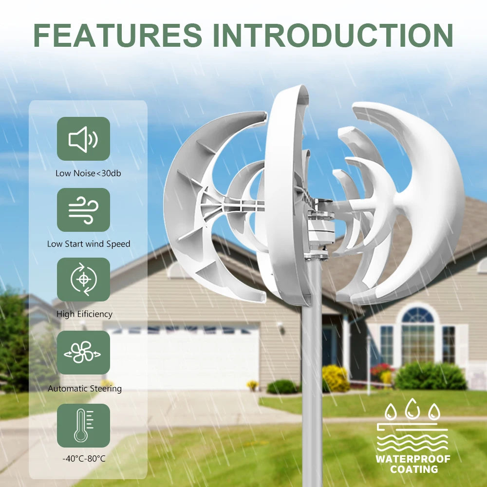 US Delivery 5000W Vertical Turbine 12V/24V Low-Noise Household 220V With Free Charging Controller