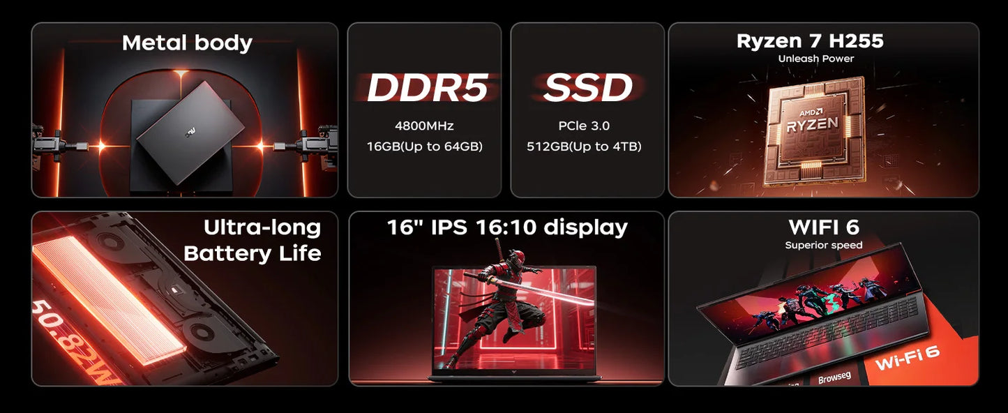 16" Laptop FHD Long Battery Life  AMD Ryzen 7 H255 Up to 4.9GHz Fast 16GB DDR5 512GB SSD Upgradable Win11 Pro for Gaming Busines